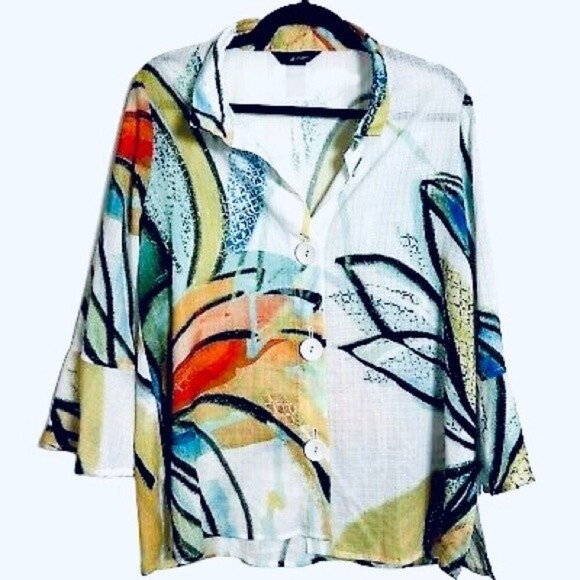 Ali Miles Artsy Graphic Tropical Floral Lightweight Tunic Button Down Top - Picture 3 of 11
